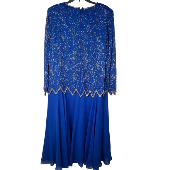 Vtg Jean for Joseph Le Bon Formal Dress Size 16 Blue Beaded Top‎ Flowy Skirt - Picture 2 of 16